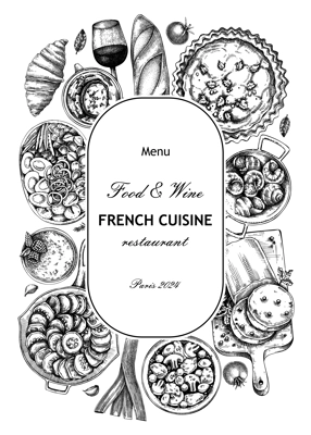 French food wreath design. Vintage food and wine sketches. European restaurant menu template. France background. Hand-drawn vector illustration, NOT AI generated